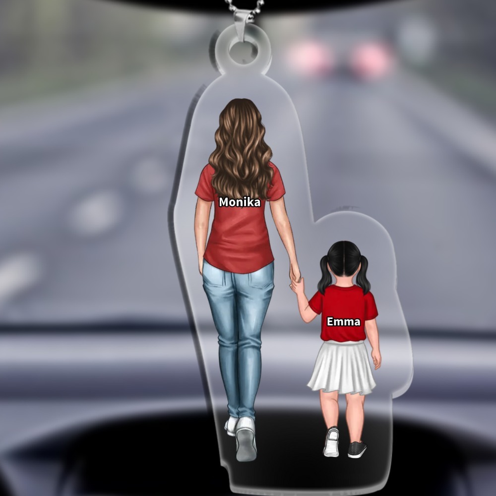 Personalisierte 1 - 9 Namen Acryl Ornament/Schlüsselanhänger mit Schlüsselring Mama oder Papa mit Kindern