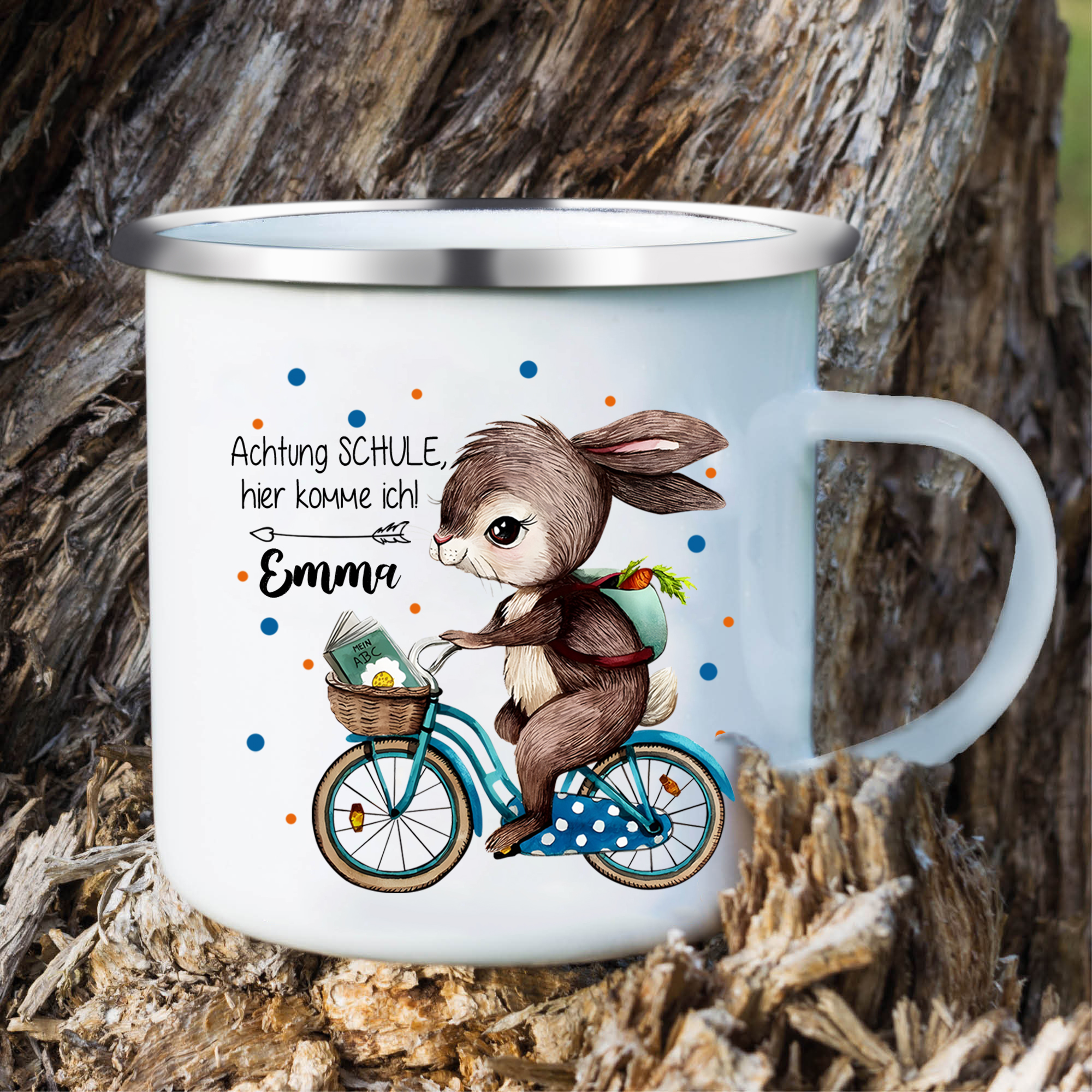 Emaille Tasse-Personalisierter Name Hase Emaille Becher Achtung Schule hier komme ich Schukind Geschenk zum Schulanfang