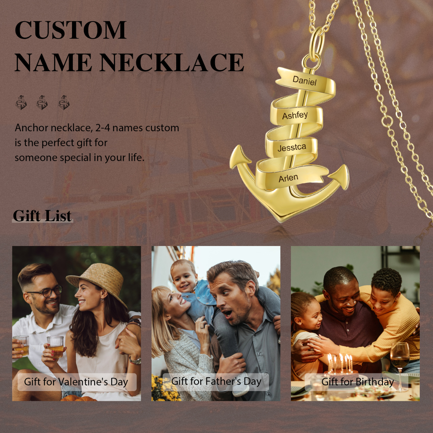 925 Sterling Silber Personalisierte 4 Namen Anker Halskette