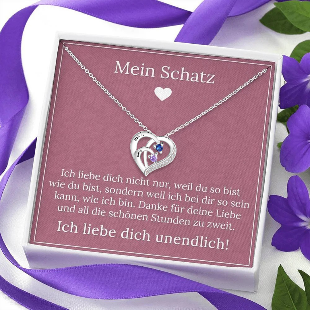 925 Sterling Silber Personalisierte 2 Namen Herz Halskette  mit 2 Geburtssteinen- An Meinen Schatz-Geschenk mit Rosa Nachrichtenkarte 