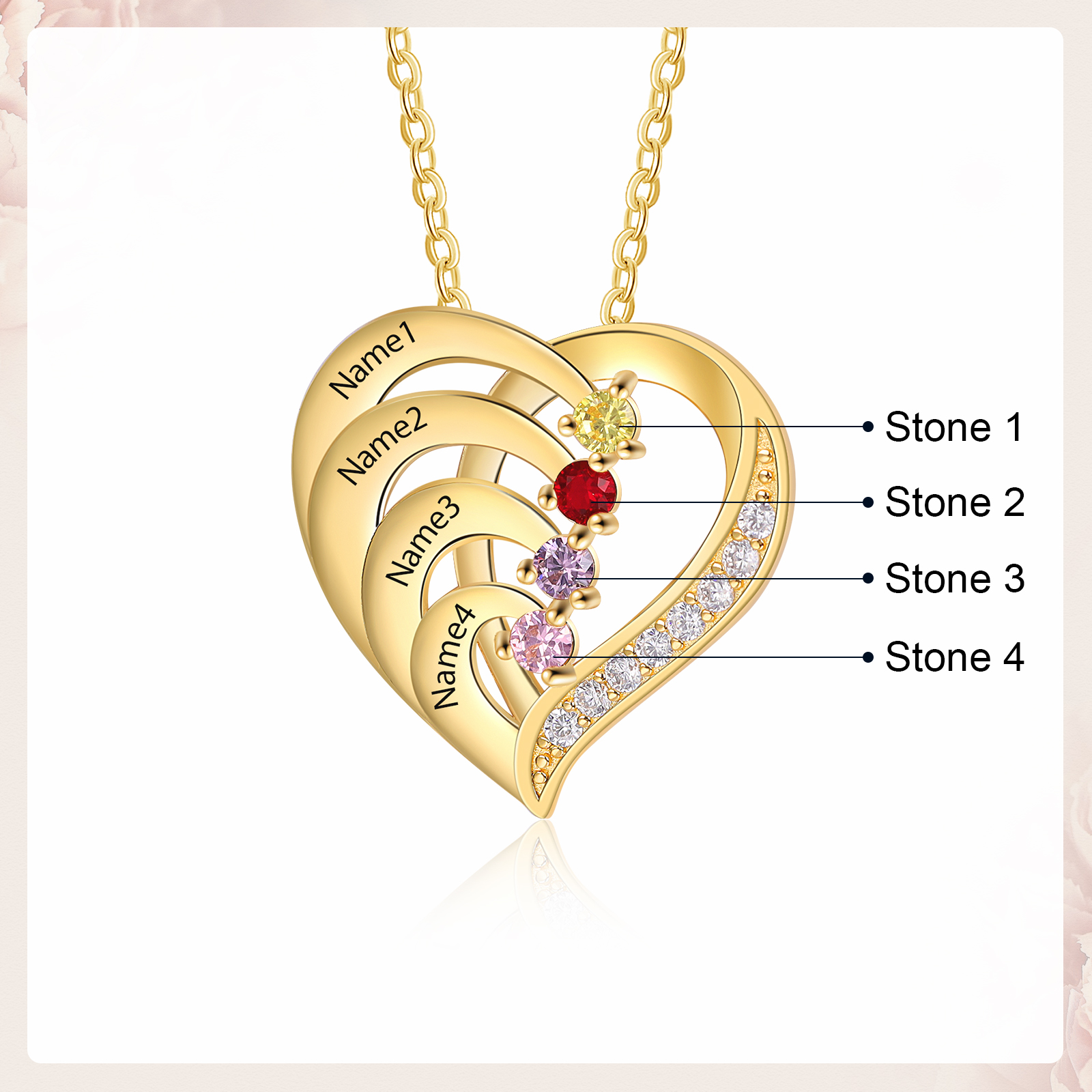 S925 Sterling Silber Personalisierte Herz Halskette 4 Namen und 4 Geburtssteine