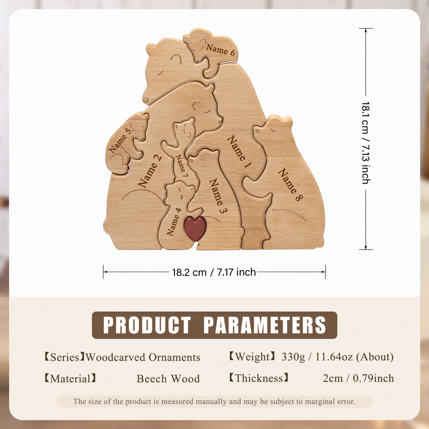Holzskulptur-Personalisierte 8 Namen Bär Umarmung Familie Holz Deko
