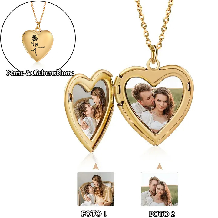 Personalisierte 2 Fotos & Geburtsblume & Name Feine Herz Halskette