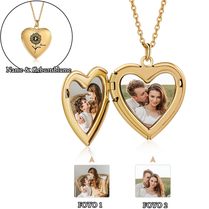 Personalisierte 2 Fotos & Geburtsblume & Name Feine Herz Halskette