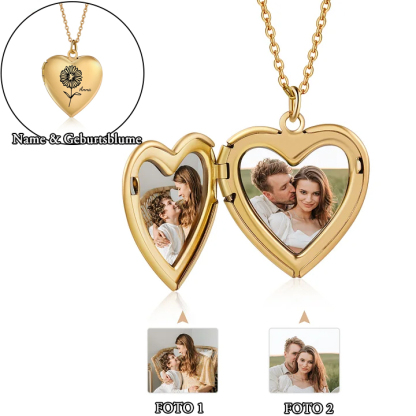 Personalisierte 2 Fotos & Geburtsblume & Name Feine Herz Halskette