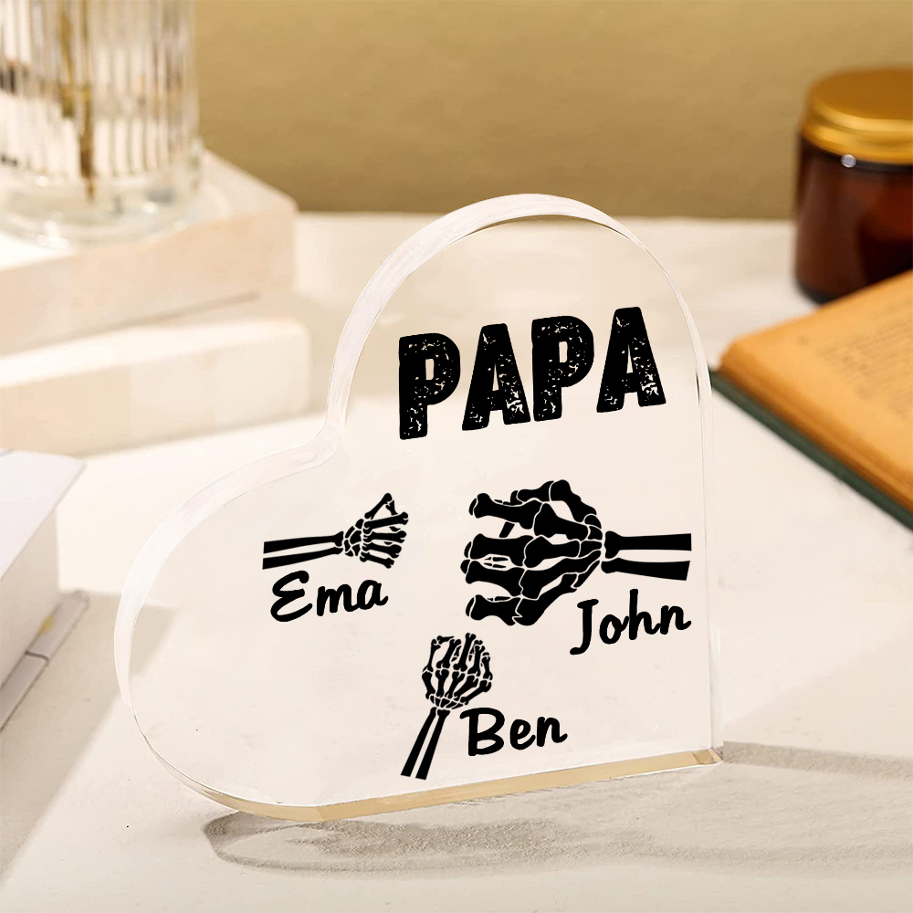 Personalisierte 3 Namen Acryl-Deko Papa Skelett Hand Schreibtischdekoration für Vater