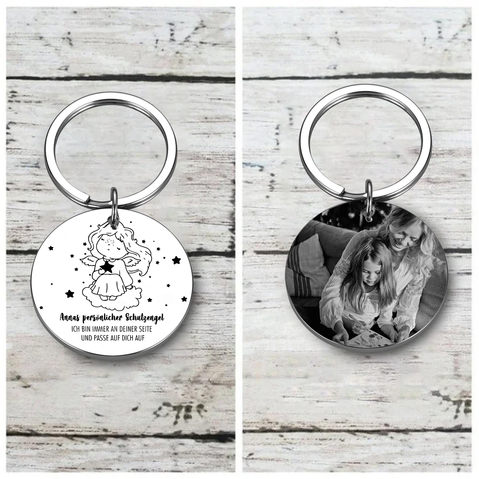 Personalisierbares Foto & Name Rund Metall-Ich bin immer an deiner Seite und passe auf dich auf-Schlüsselanhänger für Familie