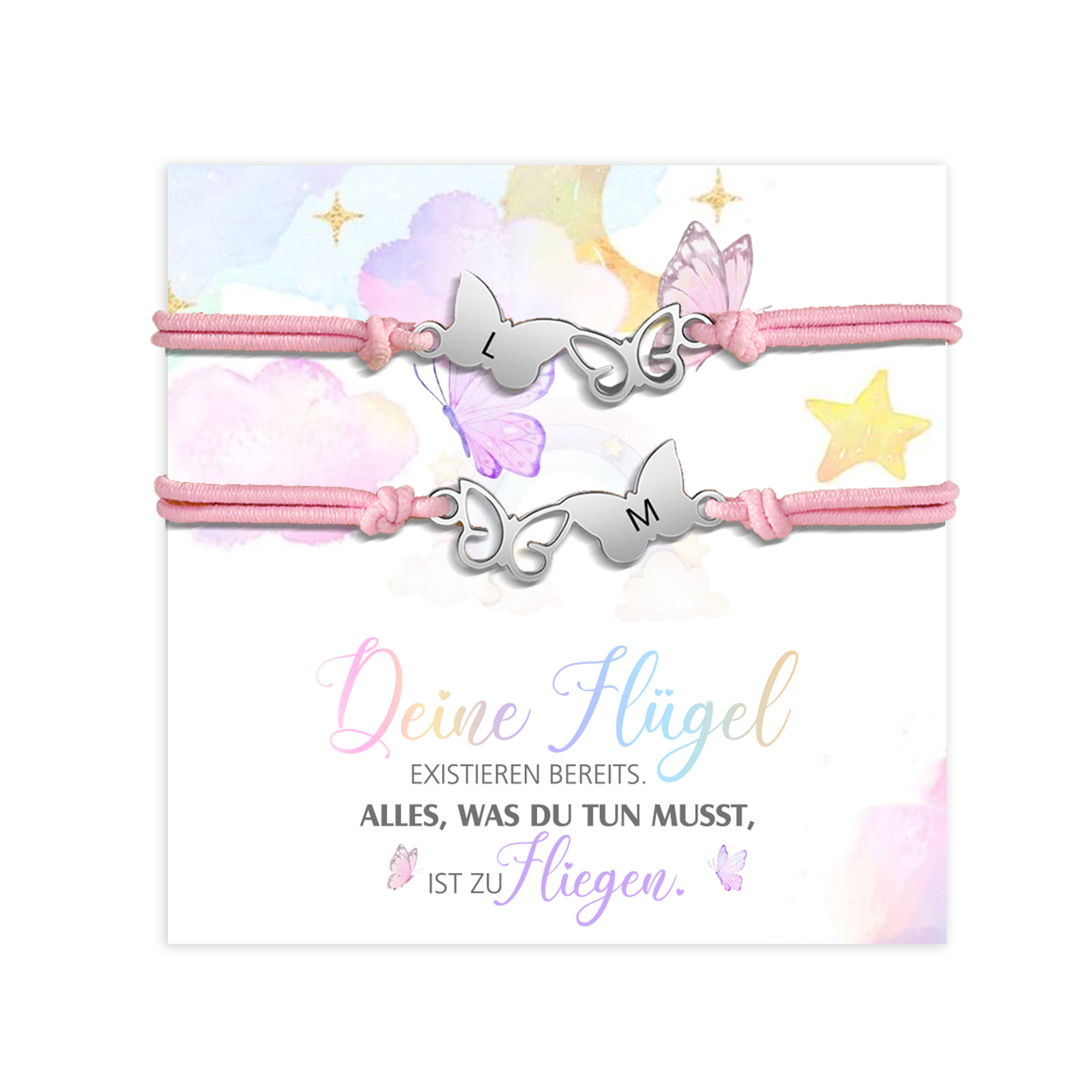 Personalisierte 2 Buchstaben Schmetterling Armbänder Set mit 2 Ketten Gummiband - Schulanfang Geschenk mit Karte