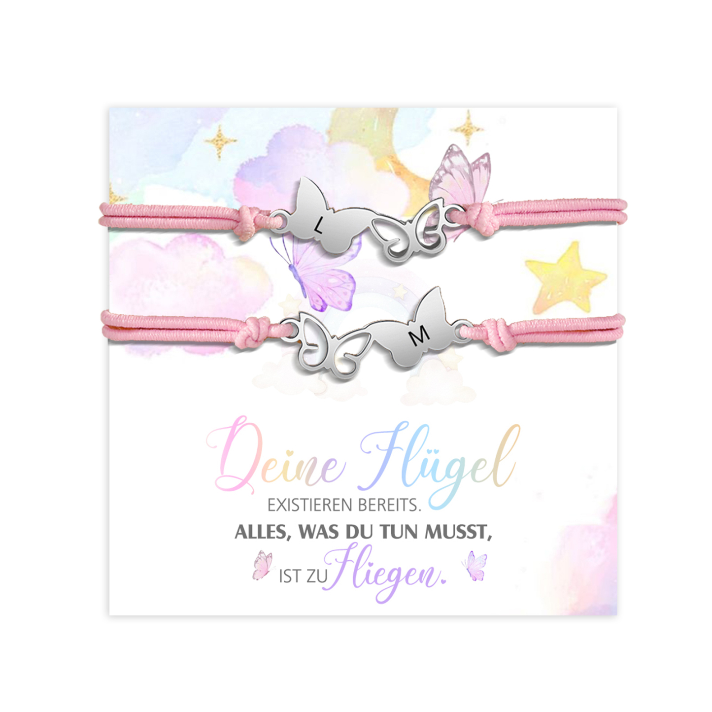 Personalisierte 2 Buchstaben Schmetterling Armbänder Set mit 2 Ketten Gummiband - Schulanfang Geschenk mit Karte