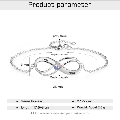 925 Sterling Silber Personalisierter Infinity Armband mit 2 Namen 2 Geburtssteinen