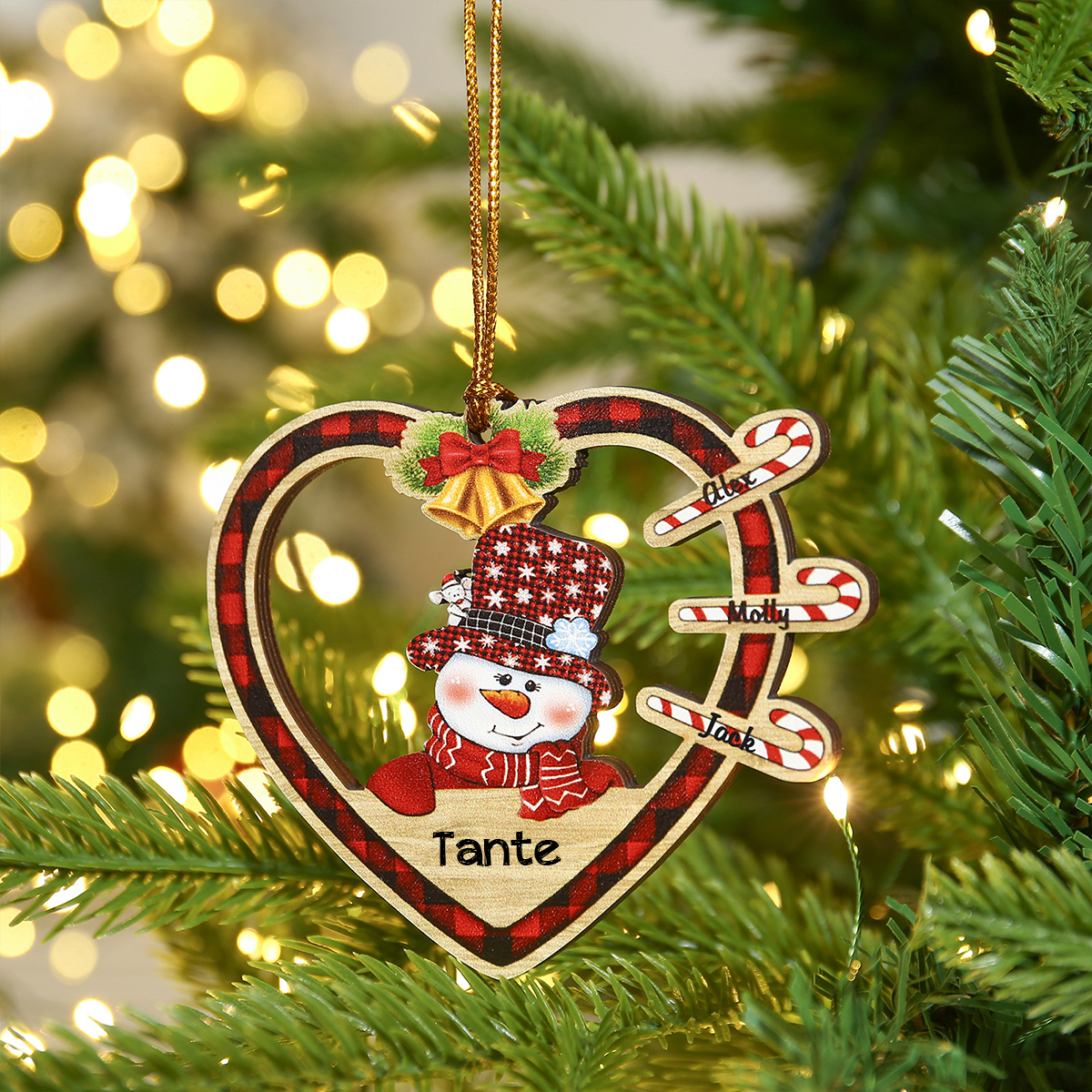 Holz Personalisierte 3 Namen & Text Schneemann Herz Weihnachtsornament mit 3 Zuckerstange