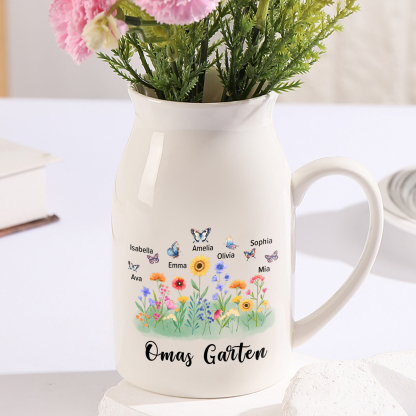 Personalisierte 7 Namen & Text Blumen & Schmetterling Familie Vase