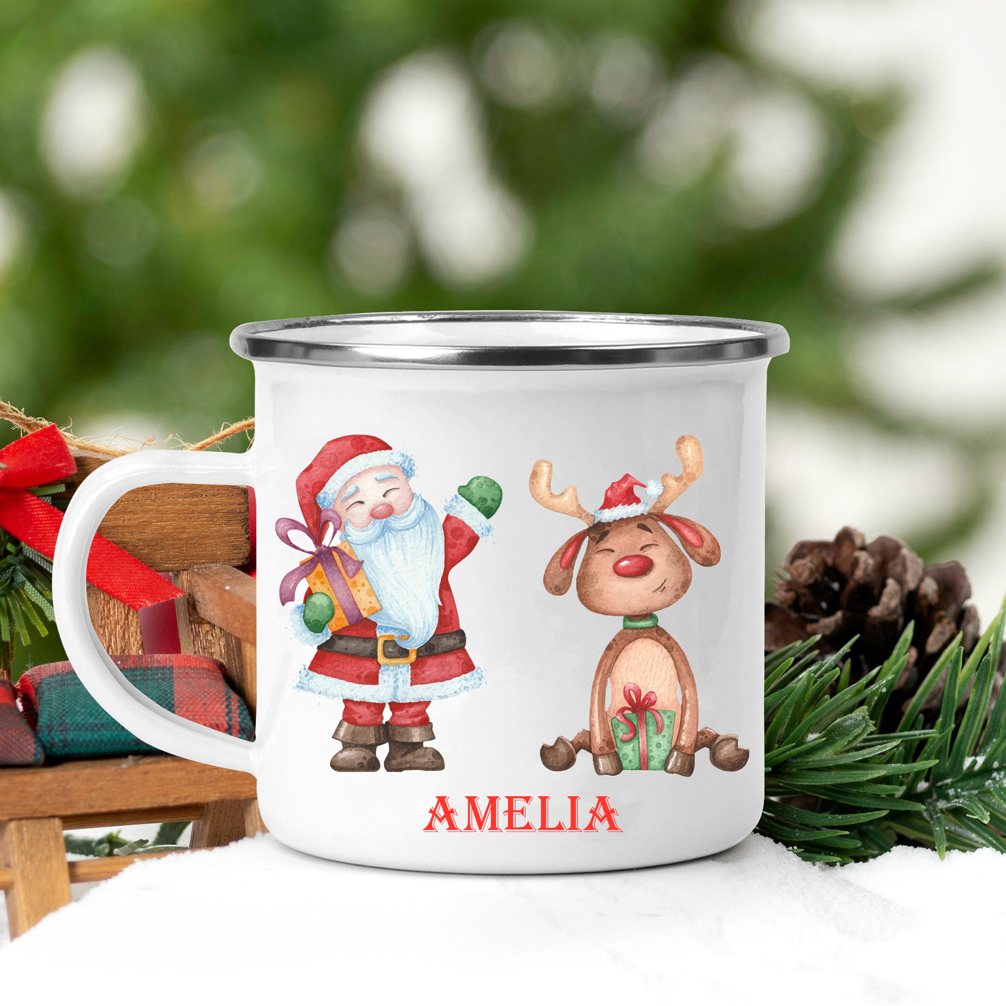 Emaille Tasse-Personalisierter 1 Name Weihnachtsmann und Rentier Weihnachts-Emaille Becher
