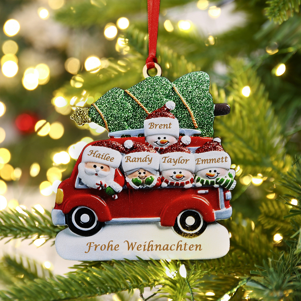 Holz Personalisierte 5 Namen & Text Weihnachtsornament Baum & Auto mit 5 Familienmitgliedern