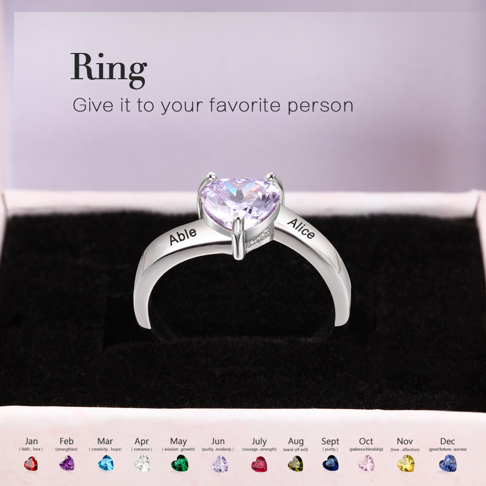 925 Sterling Silber Ring mit 2 Namen und 1 Geburtsstein mit Gravuren