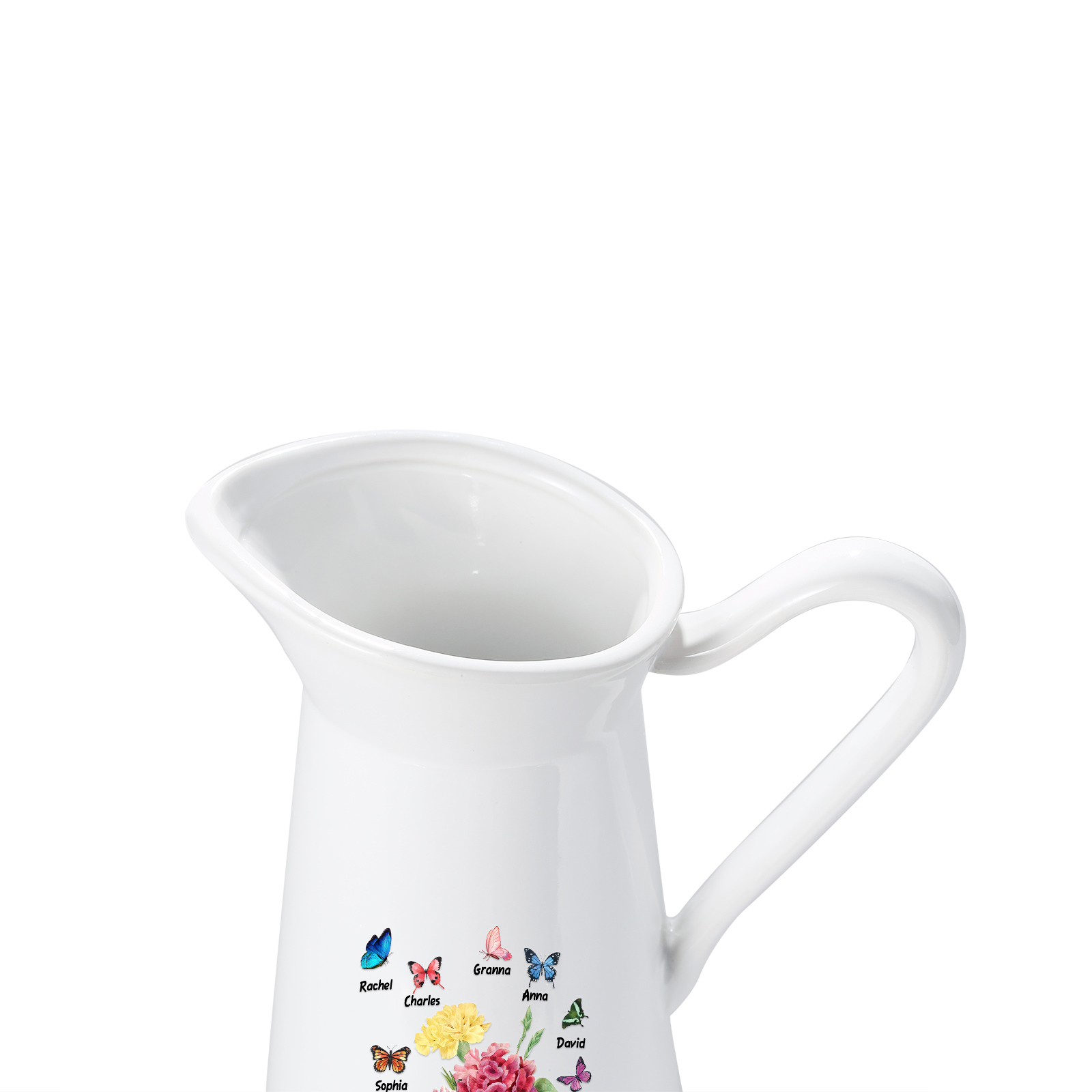 Personalisierte 7 Namen & Text Blumen & Schmetterling Gießvase mit Henkel Familie Vase