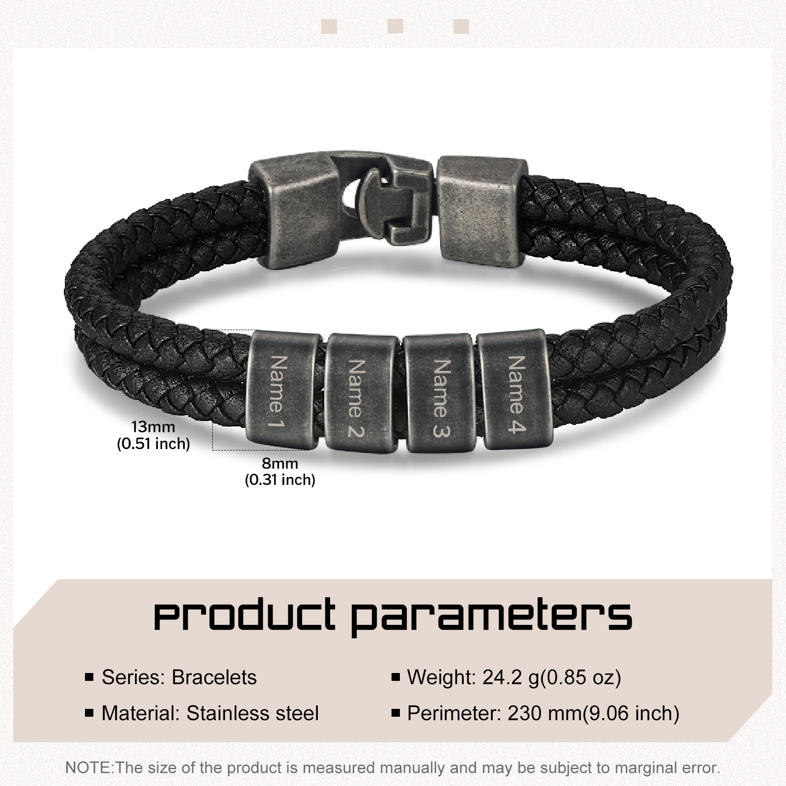 Personalisiertes Herren 4 Namen Leder Vintage Armband mit Edelstahl Perle
