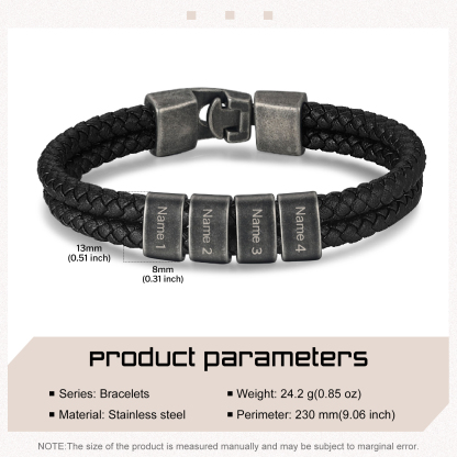 Personalisiertes Herren 4 Namen Leder Vintage Armband mit Edelstahl Perle
