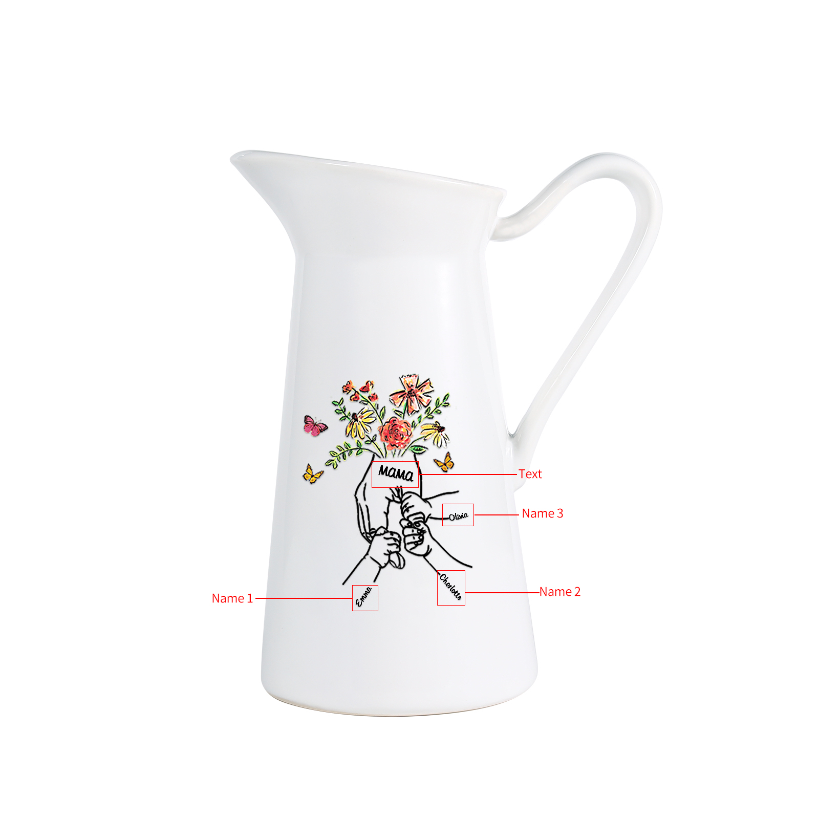 Personalisierte 3 Namen & Text Blumen Hand Gießvase mit Henkel Familie Vase