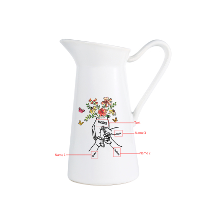 Personalisierte 3 Namen & Text Blumen Hand Gießvase mit Henkel Familie Vase