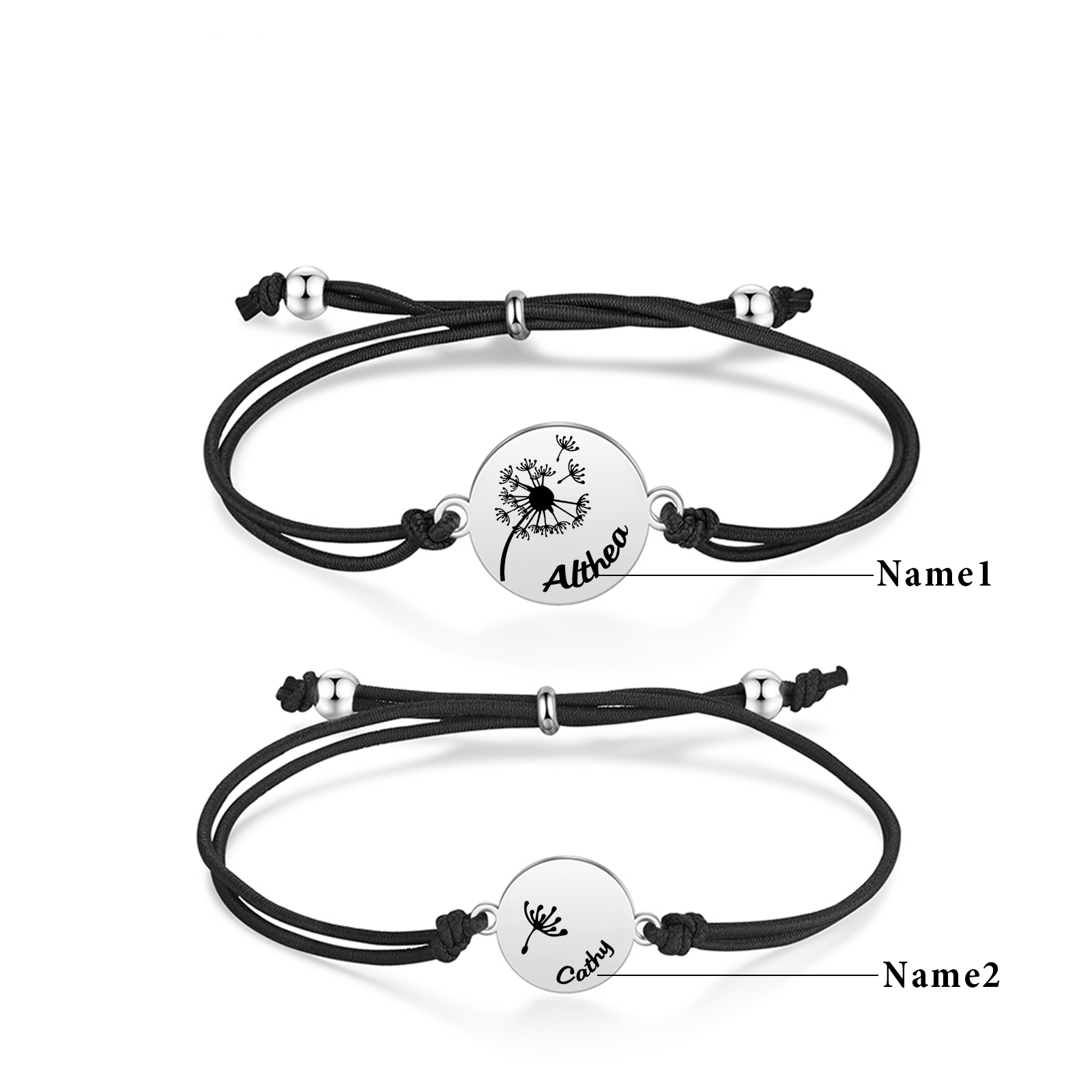 Personalisierte 2 Namen Löwenzahn Armbänder Set mit 2 Ketten Gummiband - Schulanfang Geschenk