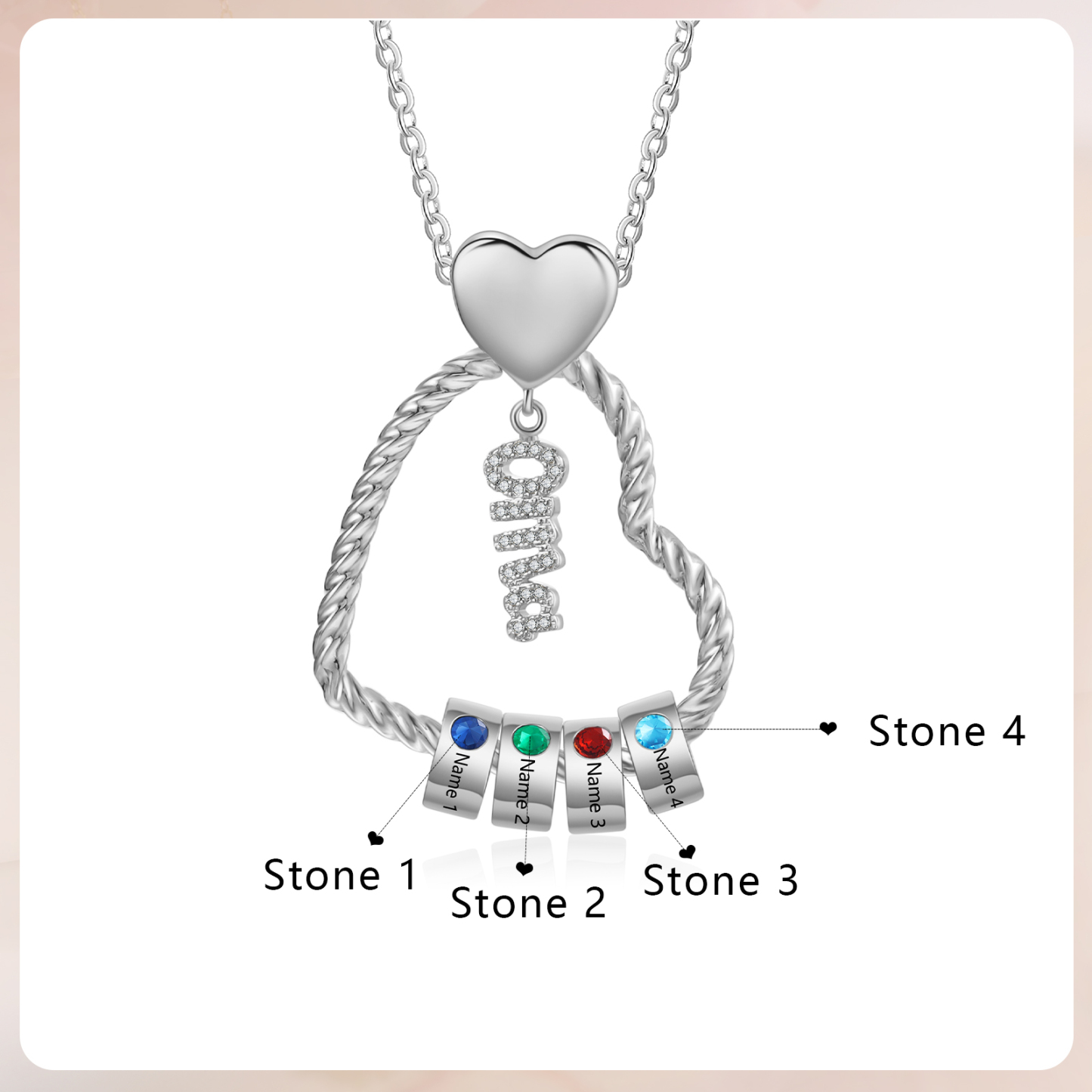 Personalisierte 4 Namen Herz Halskette mit 4 Geburtssteinen - Du machst meine Well bunter. Oma Schön, dass es Dich gibt - Geschenk mit Nachrichtenkarte