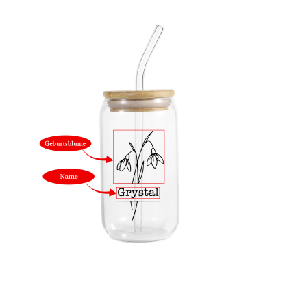  Personalisierter Name & Geburtsblume Glastasse mit Glasstrohhalm