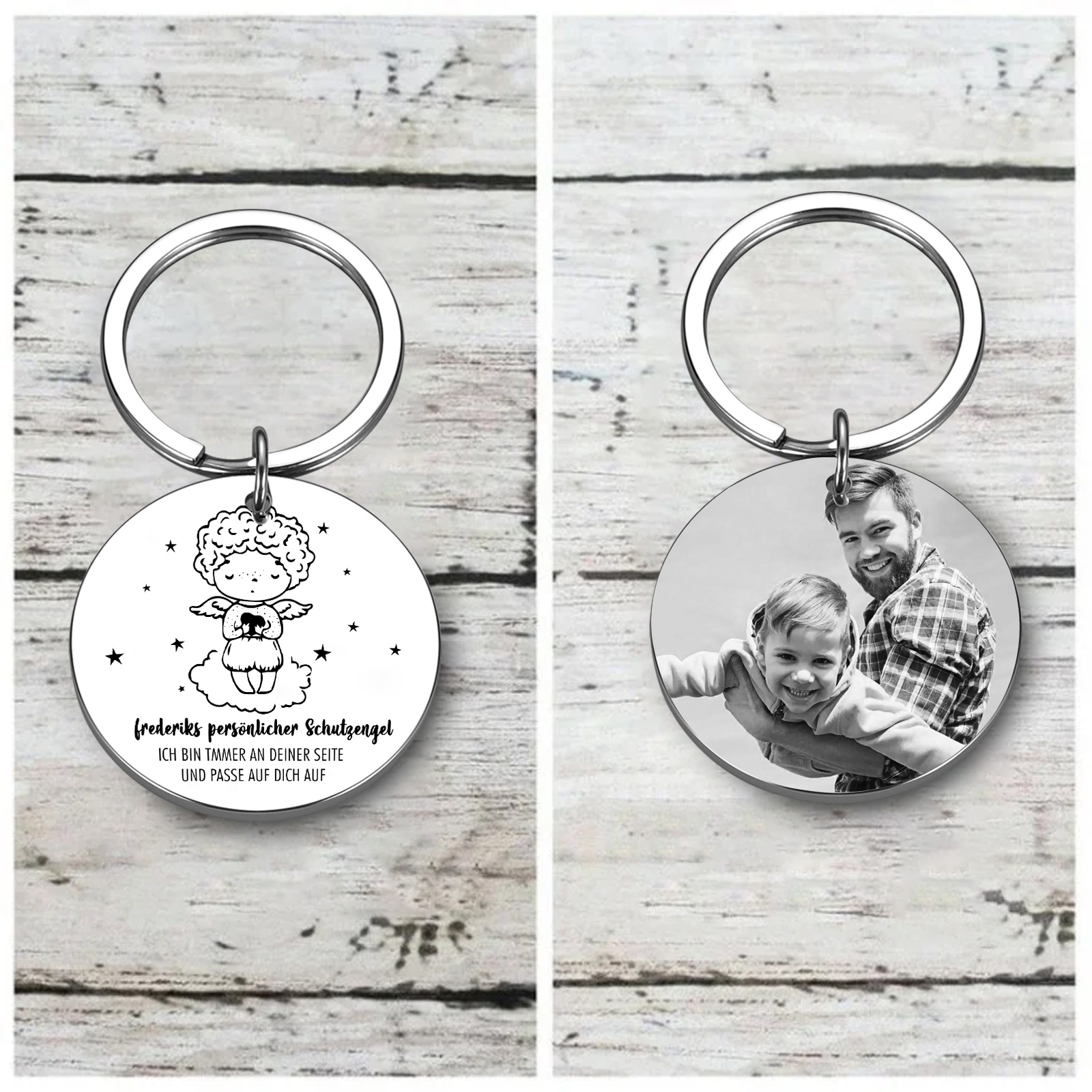 Personalisierbares Foto & Name Rund Metall-Ich bin immer an deiner Seite und passe auf dich auf-Schlüsselanhänger für Familie