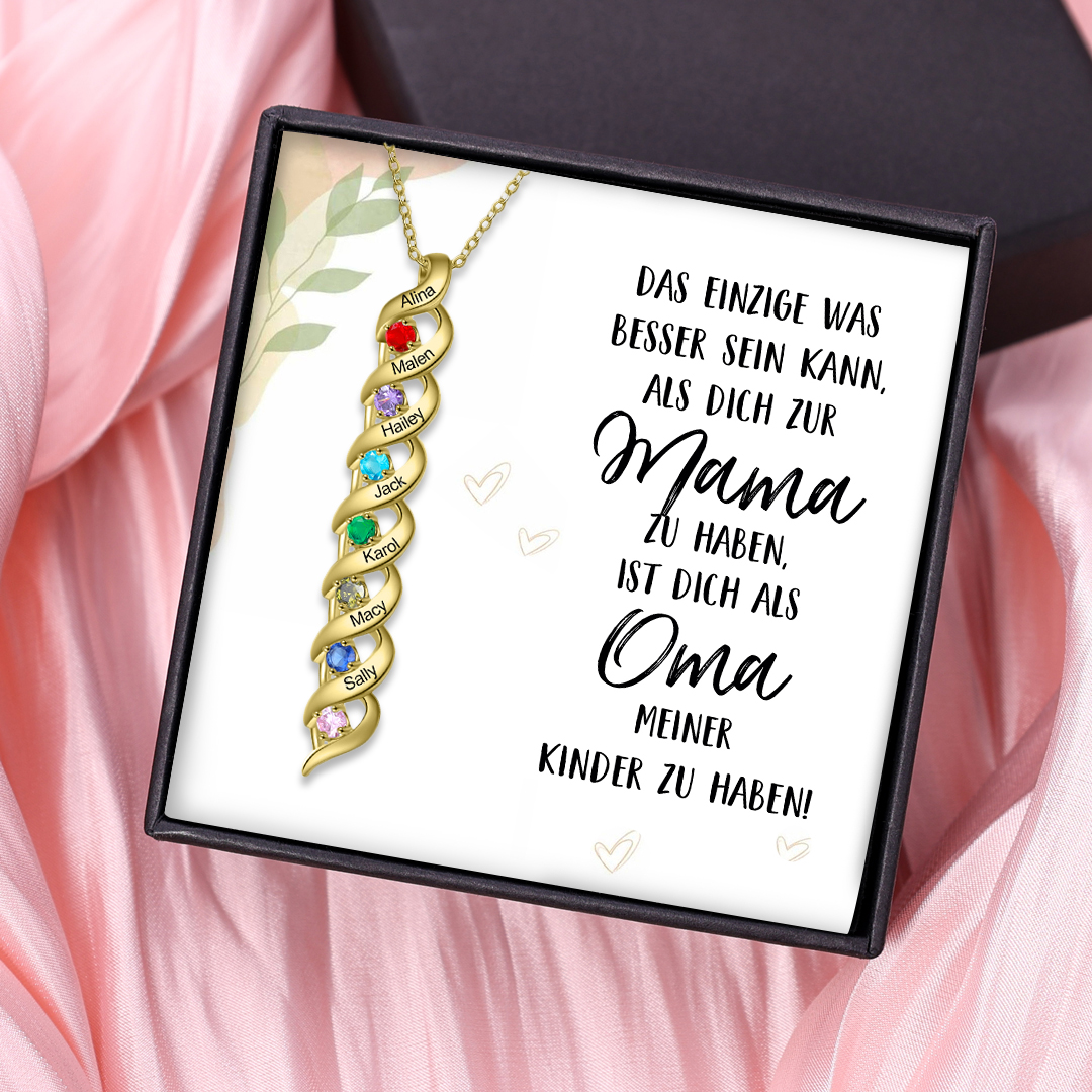Personalisierte DNA-Halskette mit 2–7 Namen und Geburtssteinen – Mit Gravur „Das Einzige, was besser ist …“ mit Nachrichtenkarte