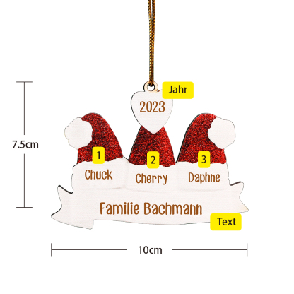 Holz Personalisierte 3 Namen & Text & Jahr Weihnachtsmütze Weihnachtsornament Weihnachtsbaum Anhänger