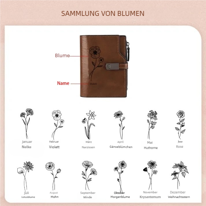 Monogramm-Geldbörse aus PU-Leder mit Name-Blume-Gravur für Damen