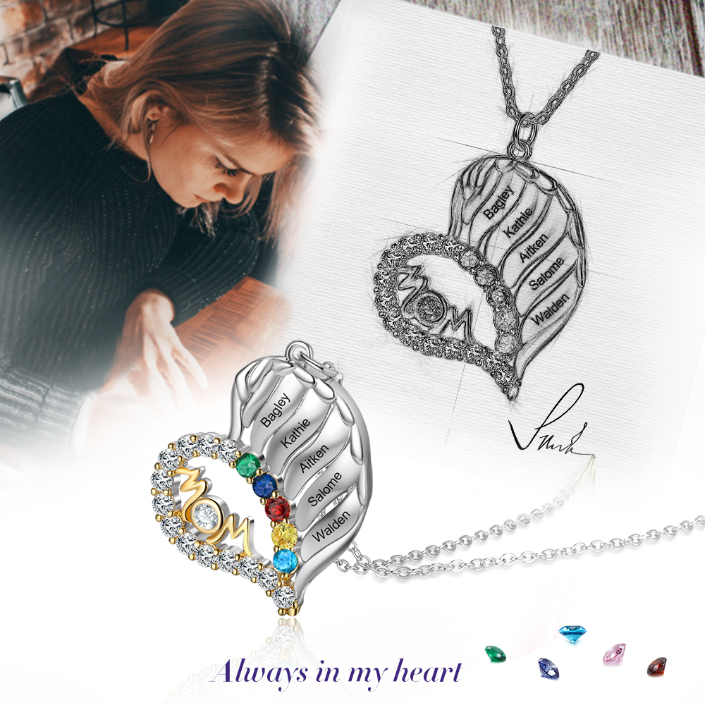 S925 Silber Gravur 5 Namen "MOM" Herz Halskette mit 5 Geburtssteinen