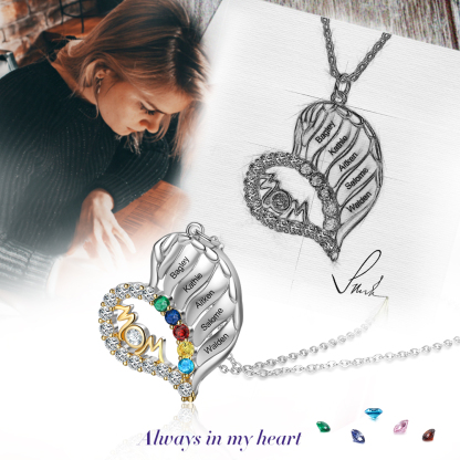 S925 Silber Gravur 5 Namen "MOM" Herz Halskette mit 5 Geburtssteinen