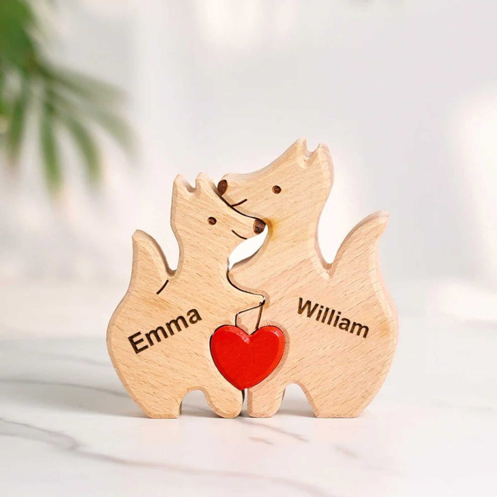 Holzskulptur-Personalisierte 2 Namen Füchse Familien Holz Deko für Familie