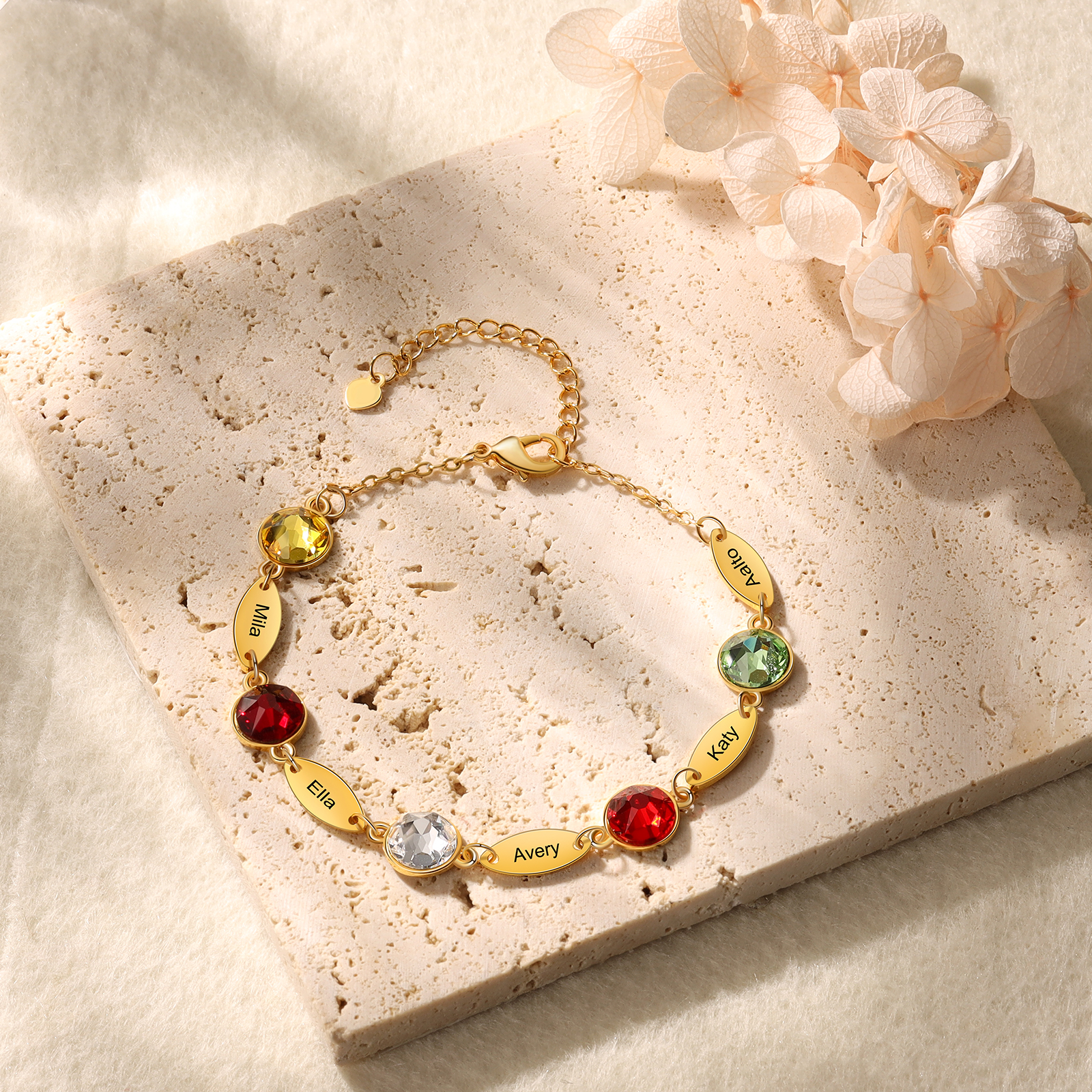 Personalisiertes Feines Armband mit 1–6 Namen und Geburtssteinen