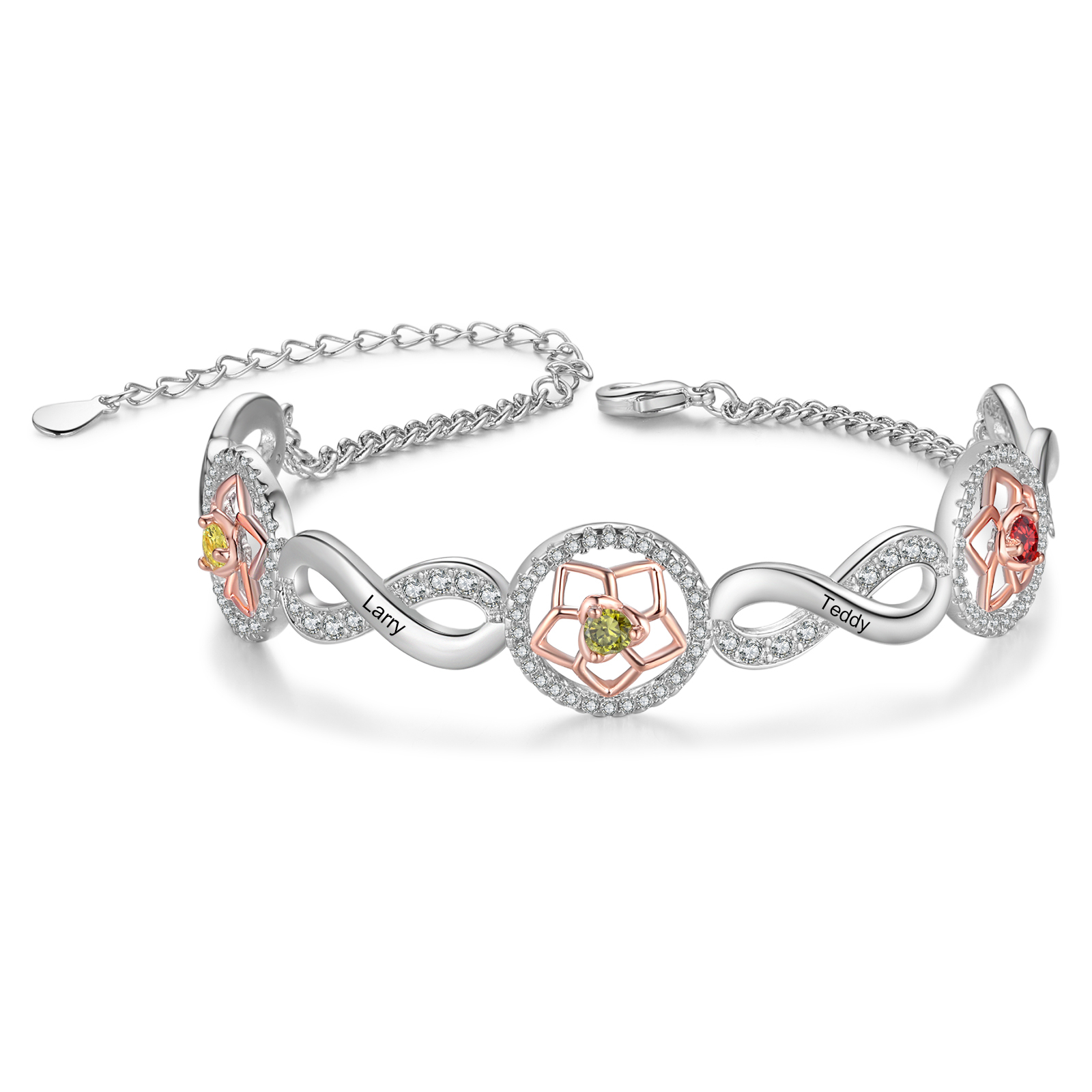 Personalisierte 3 Namen & Geburtssteine Lotusblume Infinity Armband