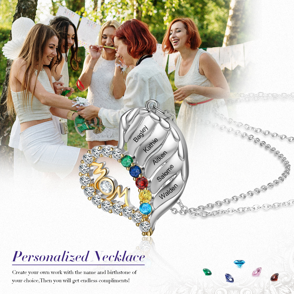 S925 Silber Gravur 5 Namen "MOM" Herz Halskette mit 5 Geburtssteinen