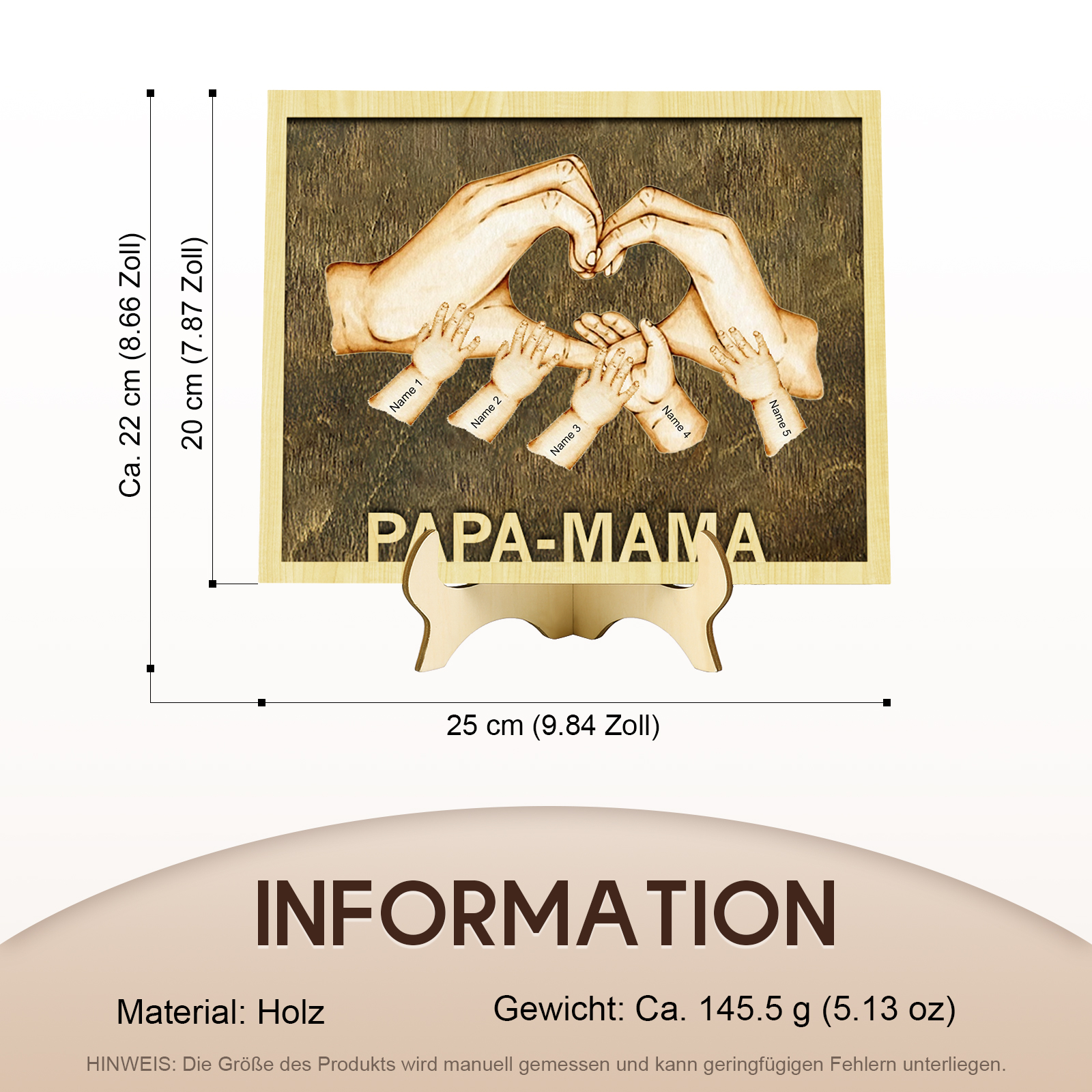 PAPA-MAMA Holz Deko-Personalisierbare 5 Namen Ornament Familie Hand in Hand Holzdekoration für Eltern