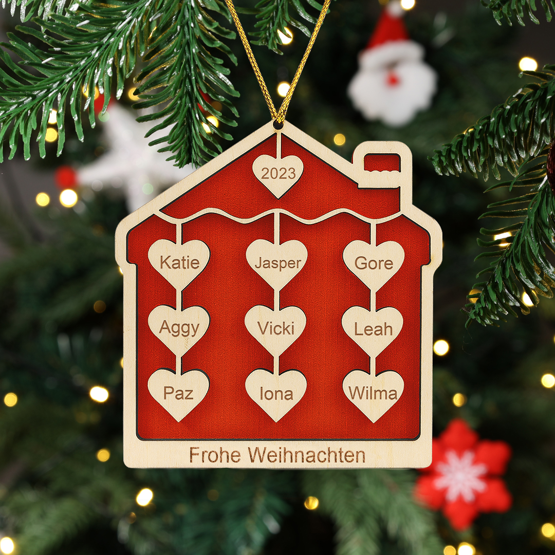 Holz Personalisierte 9 Namen & Text & Jahr Herz Hausform Weihnachtsornament 