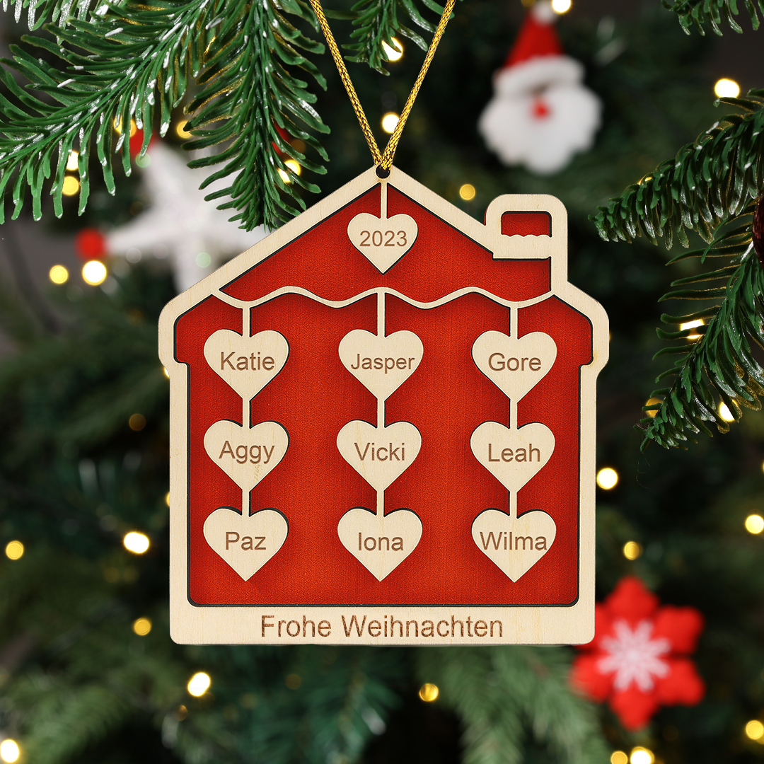 Holz Personalisierte 9 Namen & Text & Jahr Herz Hausform Weihnachtsornament 
