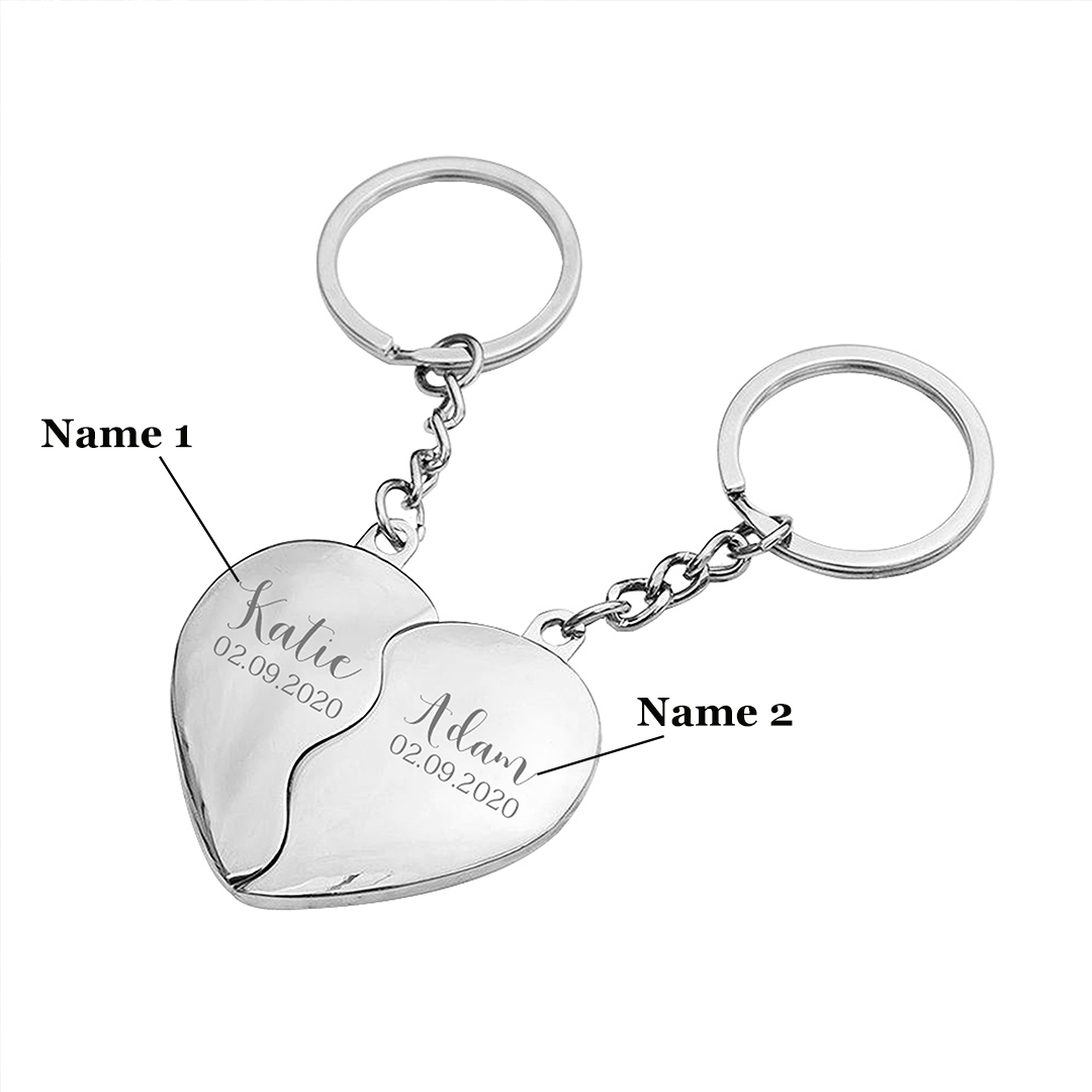Personalisierbare 2 Namen & Datum Herz Metall Schlüsselanhänger-Glück, Du, Ich, Wir-Geschenk mit Nachrichtenkarte 