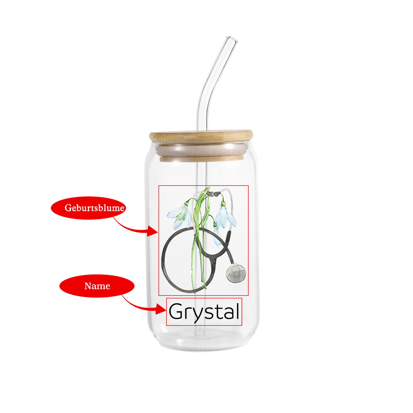 Personalisierter Name & Geburtsblume Glastasse mit Glasstrohhalm