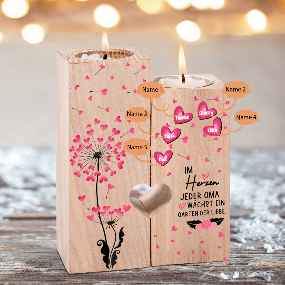 Personalisierte 5 Namen Löwenzahn Kerzenhalter-Im Herzen jeder Oma wächst ein Garten der Liebe-Geschenk für Großmutter