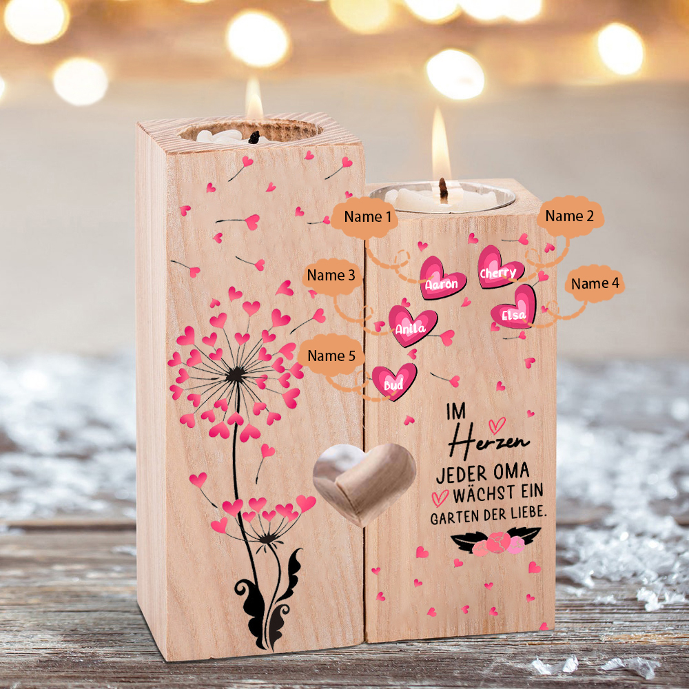 Personalisierte 5 Namen Löwenzahn Kerzenhalter-Im Herzen jeder Oma wächst ein Garten der Liebe-Geschenk für Großmutter