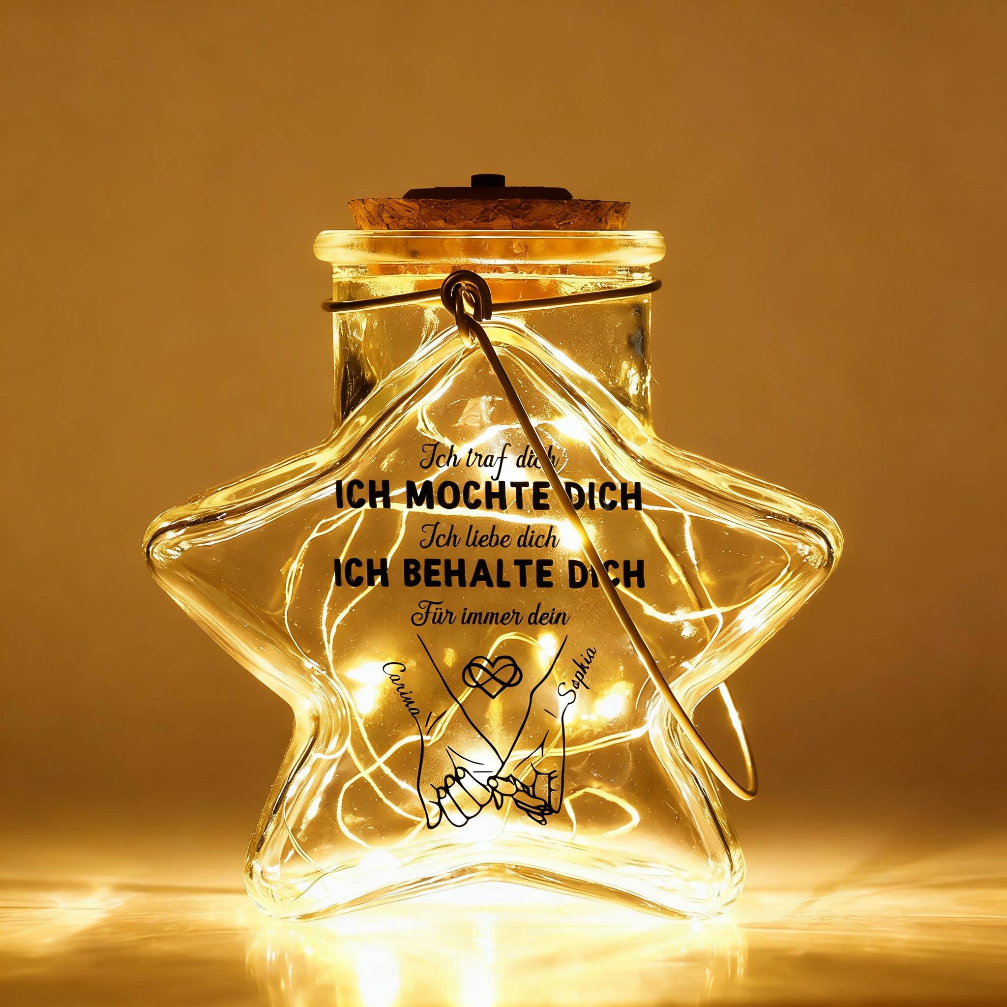 Personalisiertes sternförmiges Glasgefäß mit Lichterkette, individuell mit zwei Namen, Nachtlicht, Valentinstags-, Jahrestags- oder Geburtstagsgeschenk für Freundin oder Ehefrau, romantische Deko | Kettenmachen
