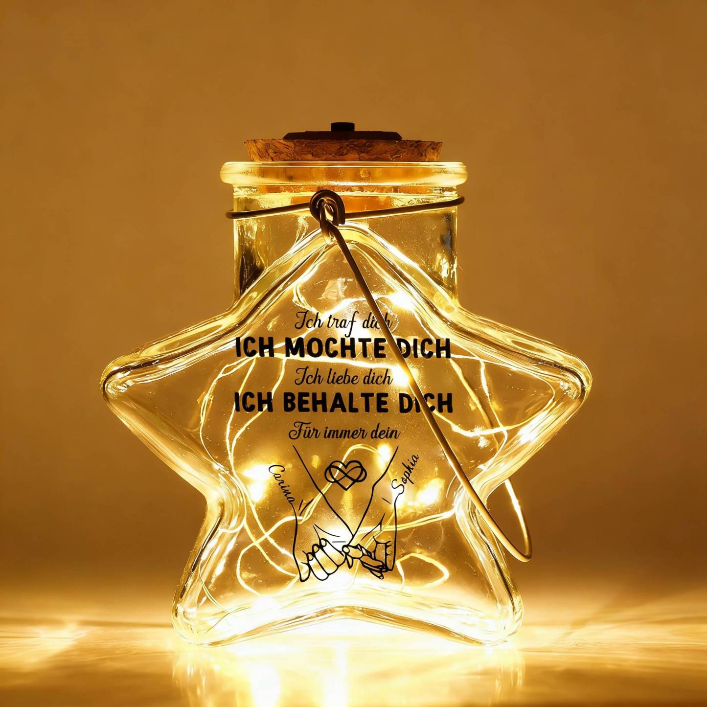 Personalisiertes sternförmiges Glasgefäß mit Lichterkette, individuell mit zwei Namen, Nachtlicht, Valentinstags-, Jahrestags- oder Geburtstagsgeschenk für Freundin oder Ehefrau, romantische Deko | Kettenmachen