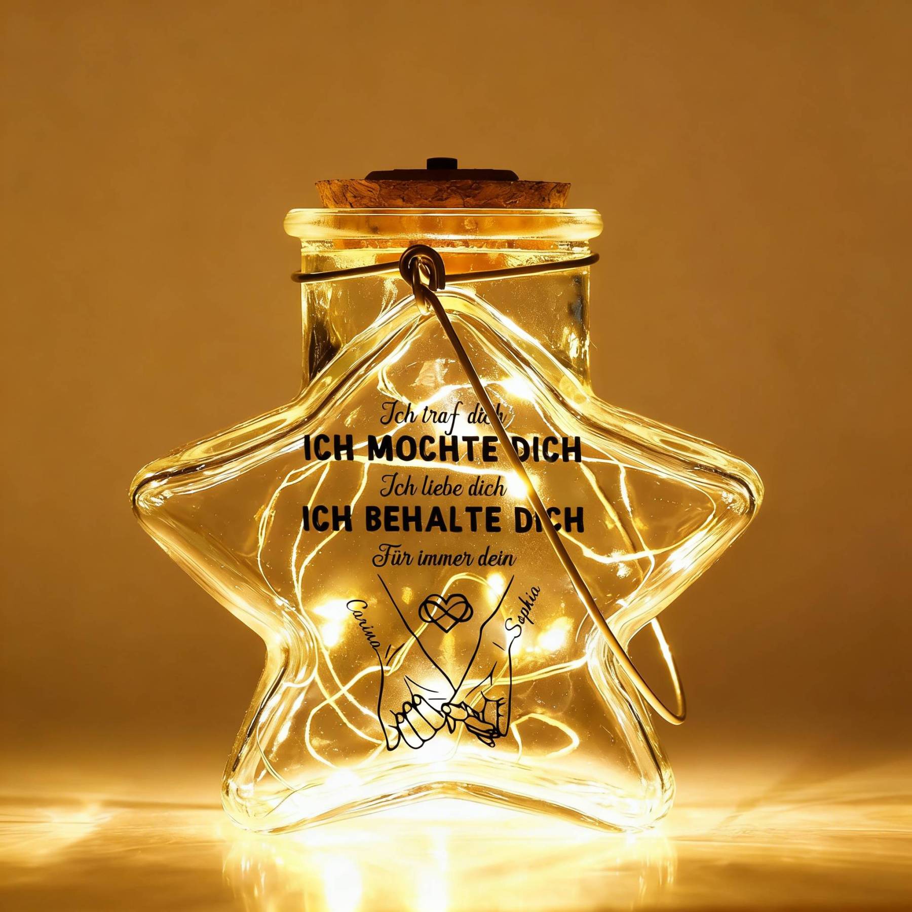 Personalisiertes sternförmiges Glasgefäß mit Lichterkette, individuell mit zwei Namen, Nachtlicht, Valentinstags-, Jahrestags- oder Geburtstagsgeschenk für Freundin oder Ehefrau, romantische Deko | Kettenmachen