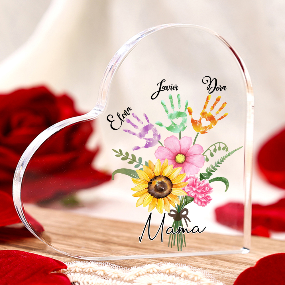 Personalisierte 3 Namen Herz Acryl-Deko Blumenstrauß Schreibtischdekoration für Mutter