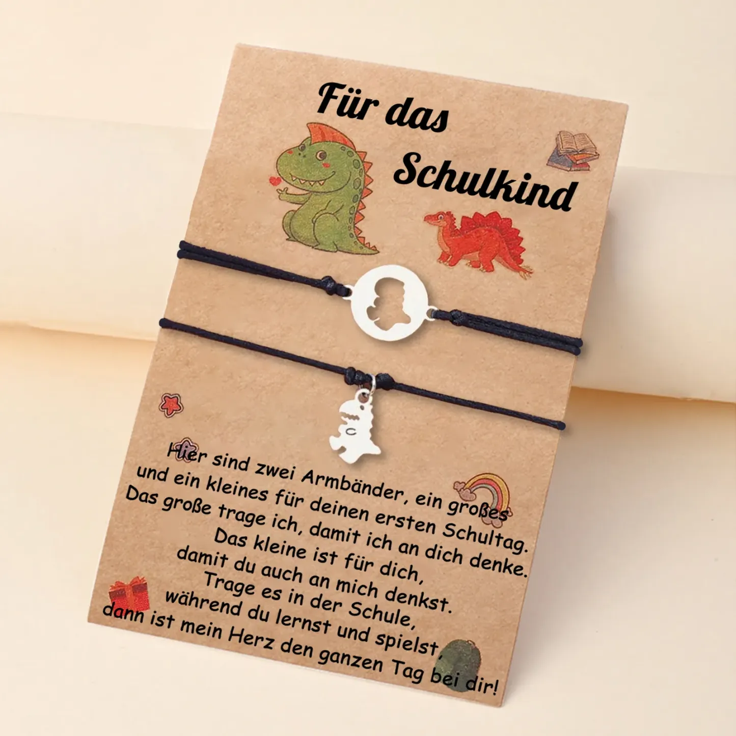 Schulanfang Geschenkset -Personalisierter Name & Datum Emaille Tasse & Dino Stifteetui Stifttasche & Dino Armbänder Set - Geschenk für Schulkind mit Geschenk Box