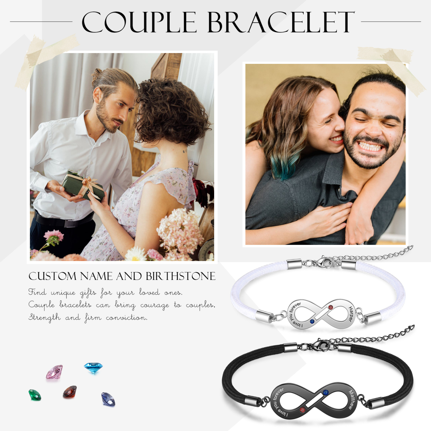 Paar Infinity Armband mit Name, Text und Geburtsstein Graviert, Valentinstag Geschenk Endlosarmband